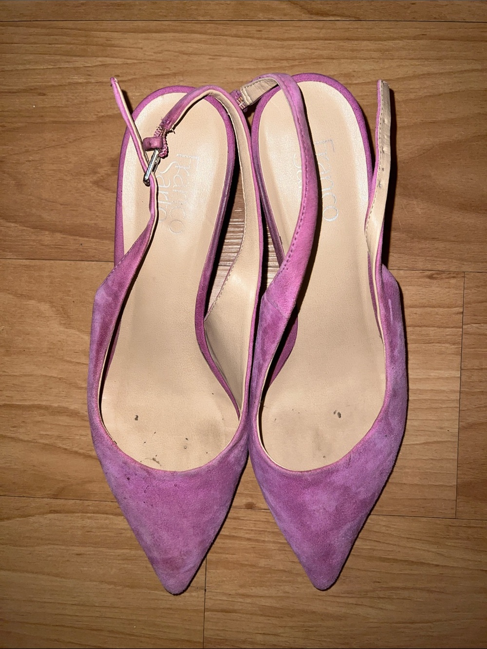 Pink Suede Pointed-Toe Slingback Pumps